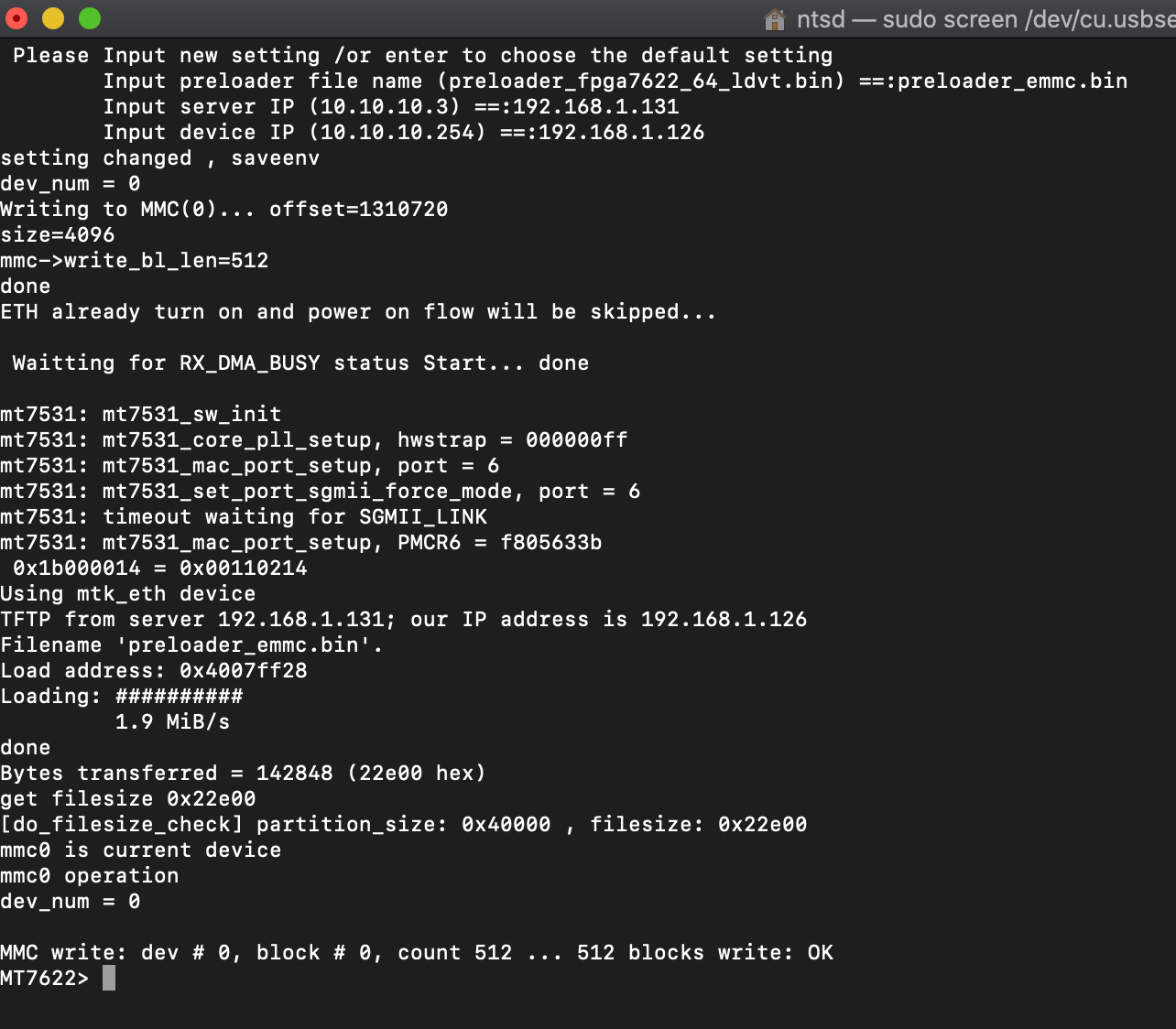 Set TFTP server ip and preloader file name