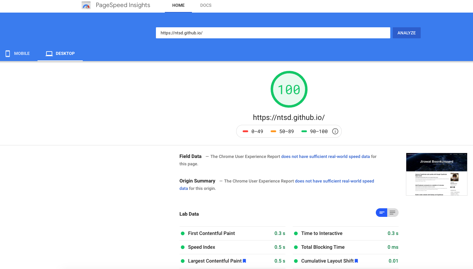 PageSpeed Insights Github Page Desktop Result