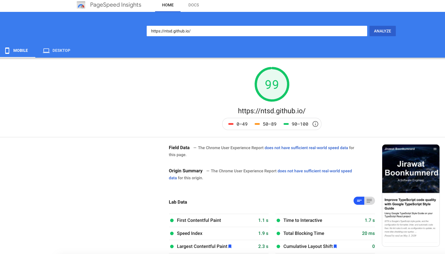 PageSpeed Insights Github Page Mobile Result