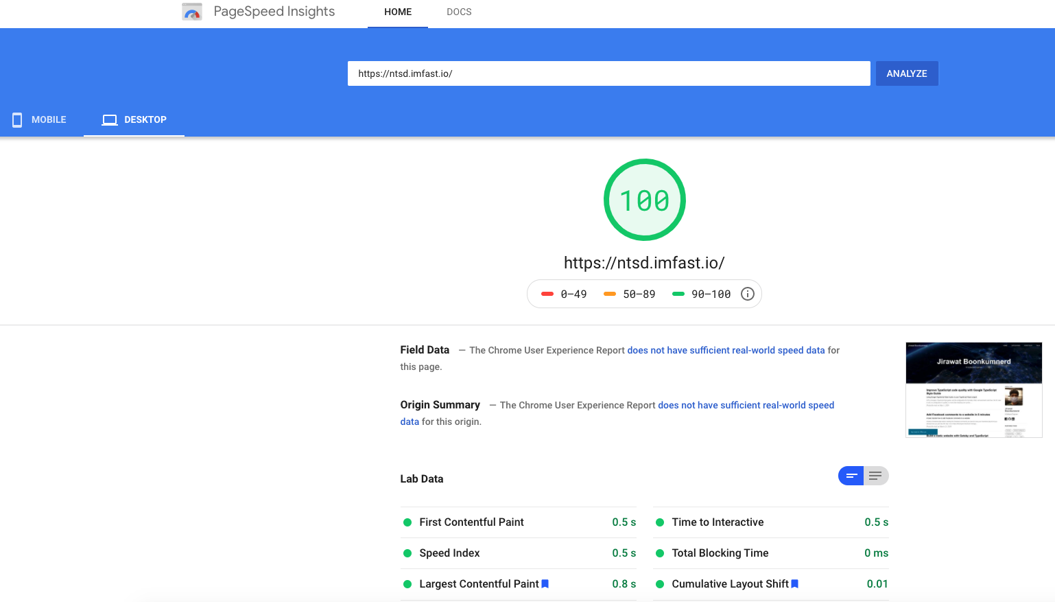 PageSpeed Insights Fast.io Desktop Result
