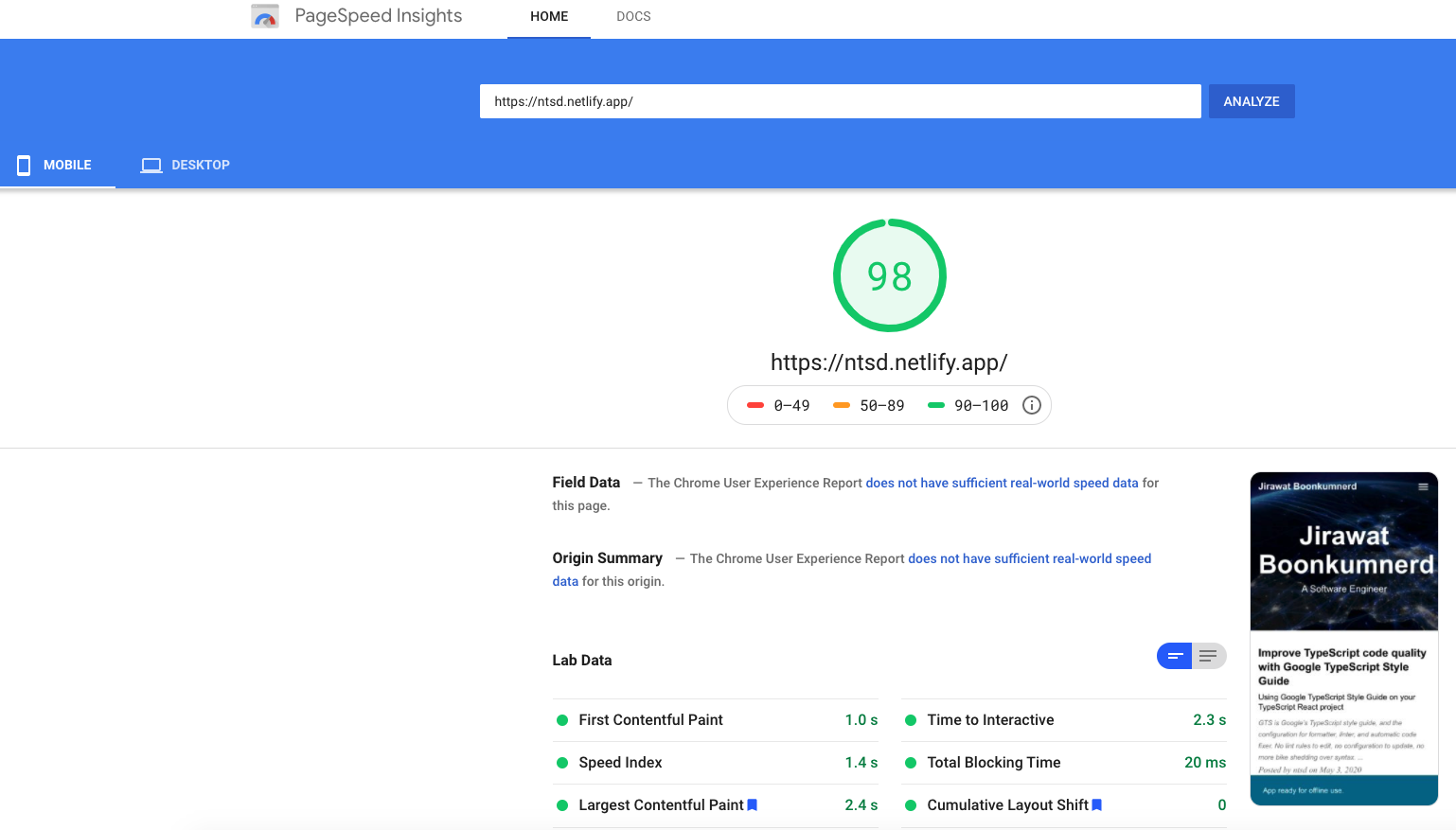 PageSpeed Insights Netlify Mobile Result